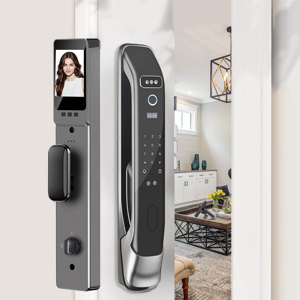 3D Face Recognition Smart Door Lock with Camera & Doorbell, Keyless Biometric Fingerprint, Face, Passcode, IC Card, Mechanical Key, Mortise Lock Body, AutoLock, Front Door, Home Security