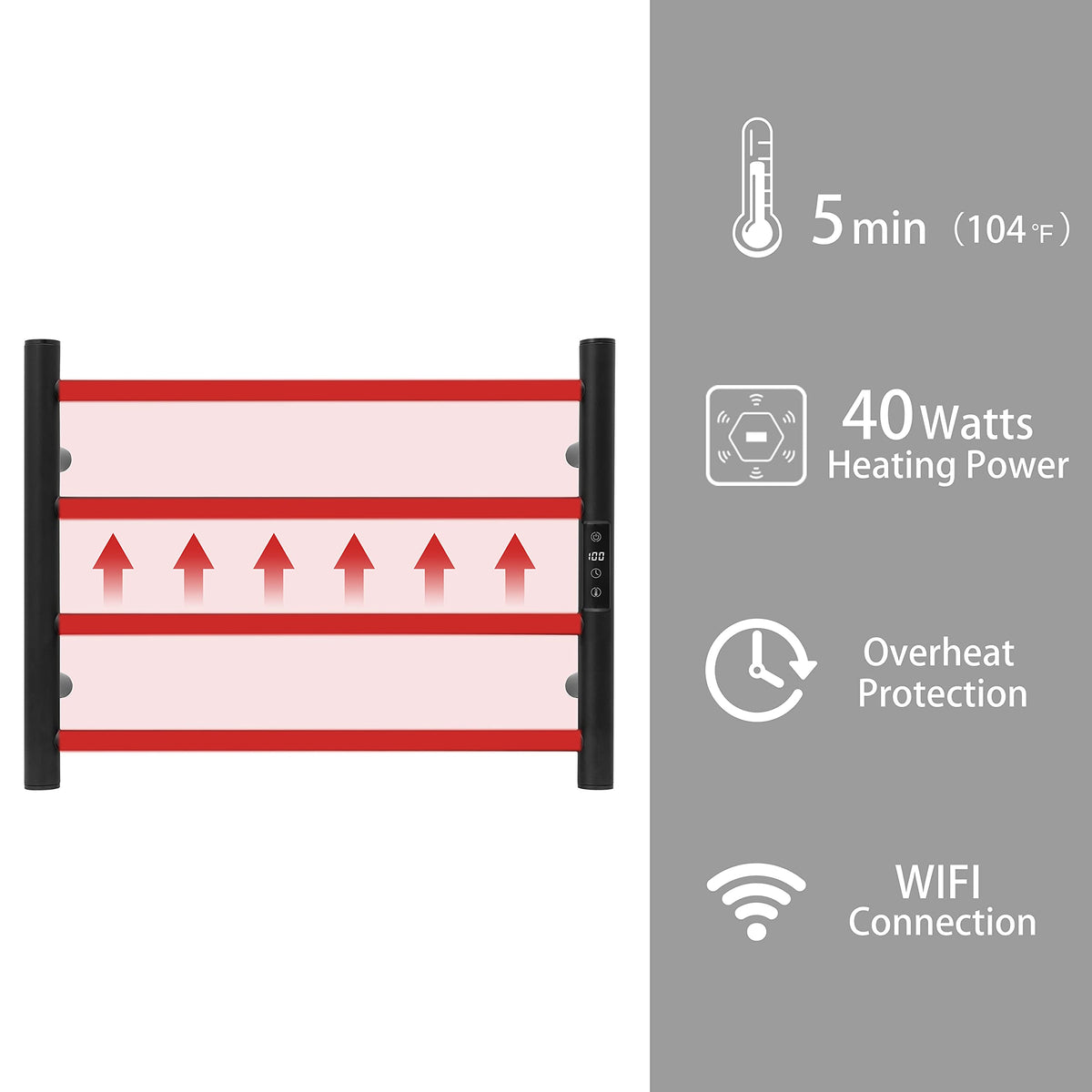 Smart WiFi Towel Warmer Wall Mounted with Built-in Timer and Temperature Adjust Control, 4 Bars Electric Stainless Steel Heated Towel Racks for Bathroom Matte Black