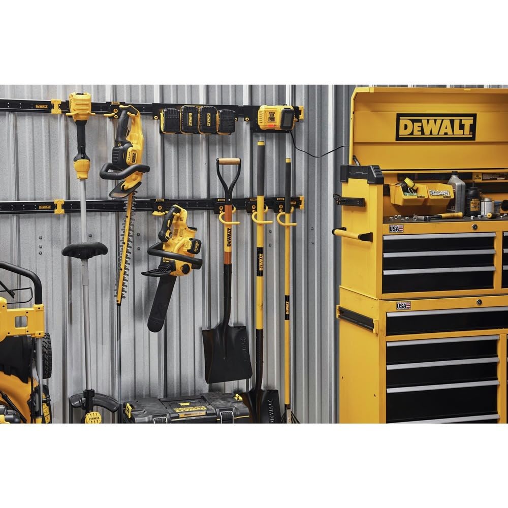 DEWALT Tool Organizer, Wall Mount, Kit for Lawn & Garden Tools, Includes Hooks, 2 Metal Rails, Charger Mount and Magnetic Power Strip, DEWALT Workshop Storage System Compatible (DWST82826)