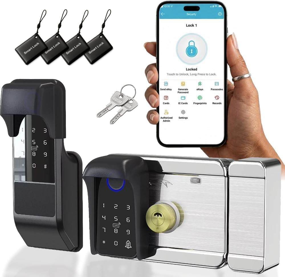smart latch double gate lock, electronic gate latch for outdoor fence, waterproof keyless smart rim lock, electric double sided keypad locks, Fingerprint, Passcode, Key, IC Card, Tuya App (Matte Black)