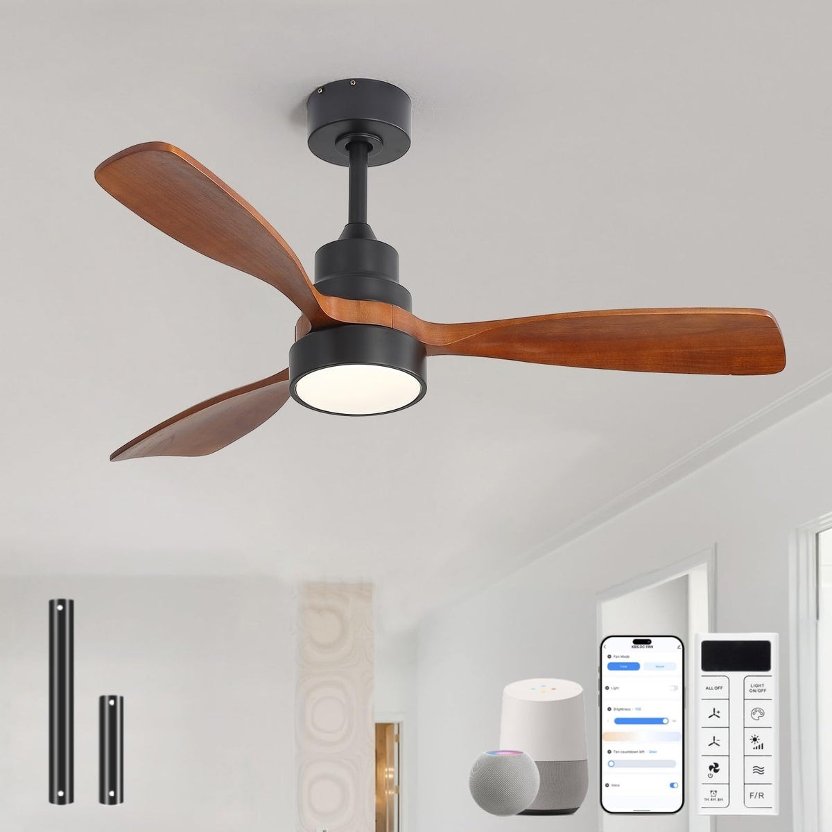 Sofucor 48 Inch Smart Wood Ceiling Fans with Lights, Flush/Downrod Mount