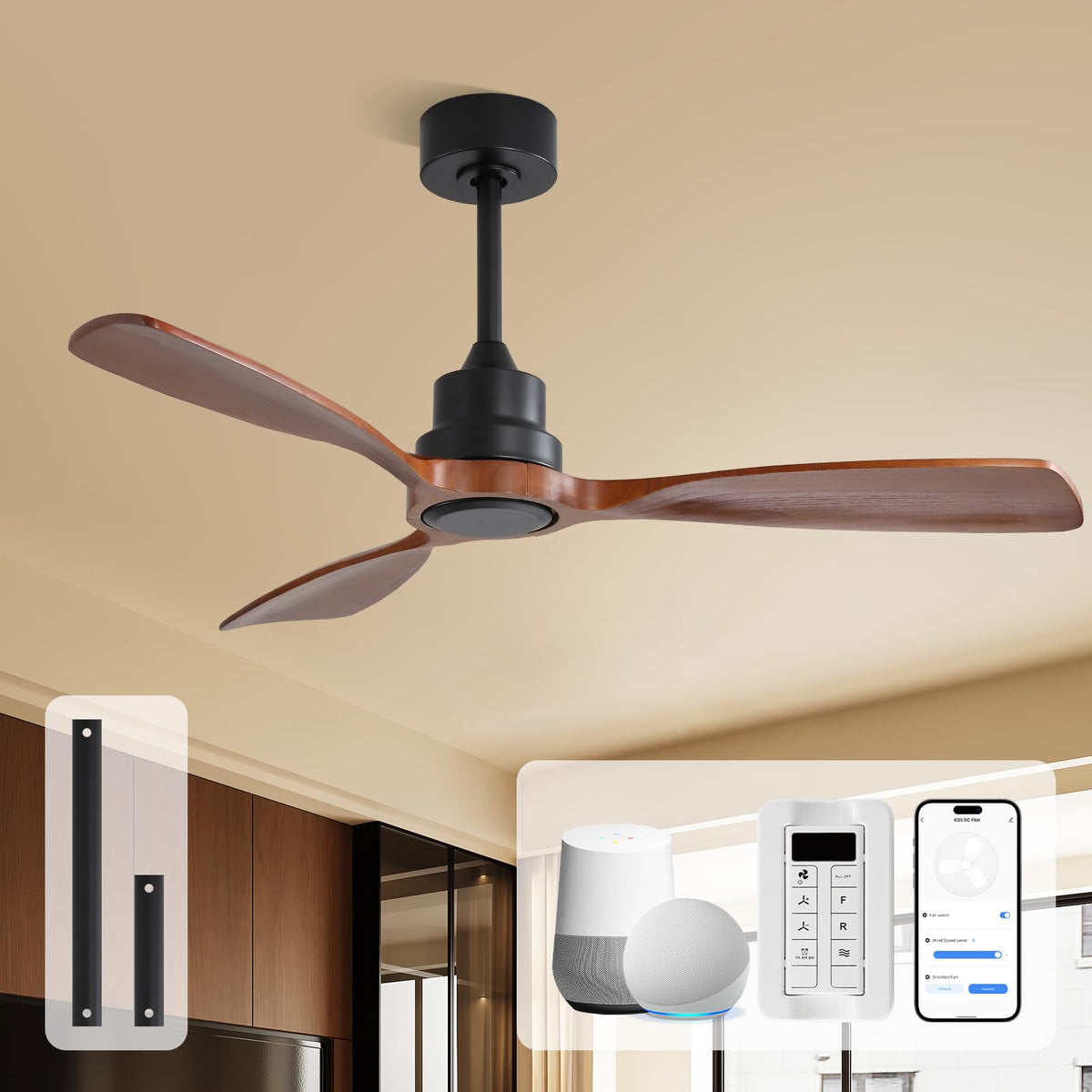 Sofucor 48 Inch Smart Wood Ceiling Fans with Lights, Flush/Downrod Mount