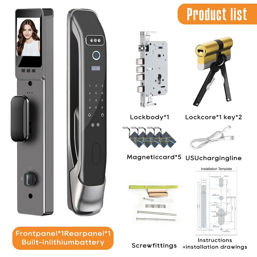 3D Face Recognition Smart Door Lock with Camera & Doorbell, Keyless Biometric Fingerprint, Face, Passcode, IC Card, Mechanical Key, Mortise Lock Body, AutoLock, Front Door, Home Security