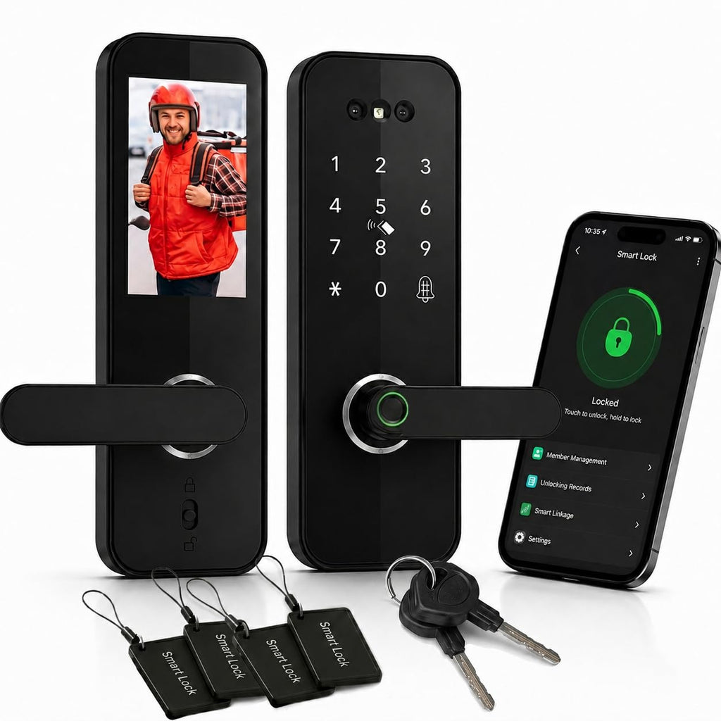 3D Face Recognition Smart Door Lock with HD Camera: Keyless Entry, Fingerprint, Passcode, IC Card, Key, Tuya App, Doorbell, Auto-Lock Deadbolt for Front Door, DIY Installation