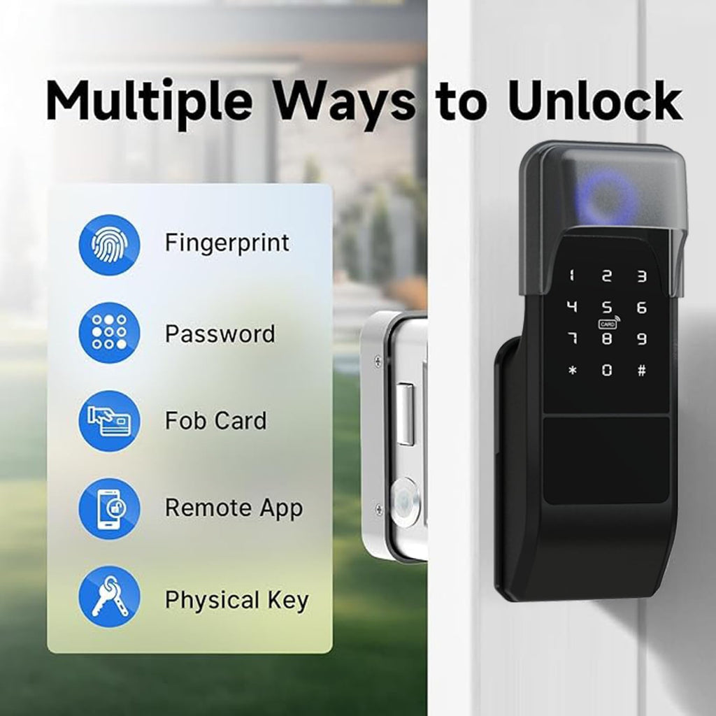 smart latch double gate lock, electronic gate latch for outdoor fence, waterproof keyless smart rim lock, electric double sided keypad locks, Fingerprint, Passcode, Key, IC Card, Tuya App (Matte Black)