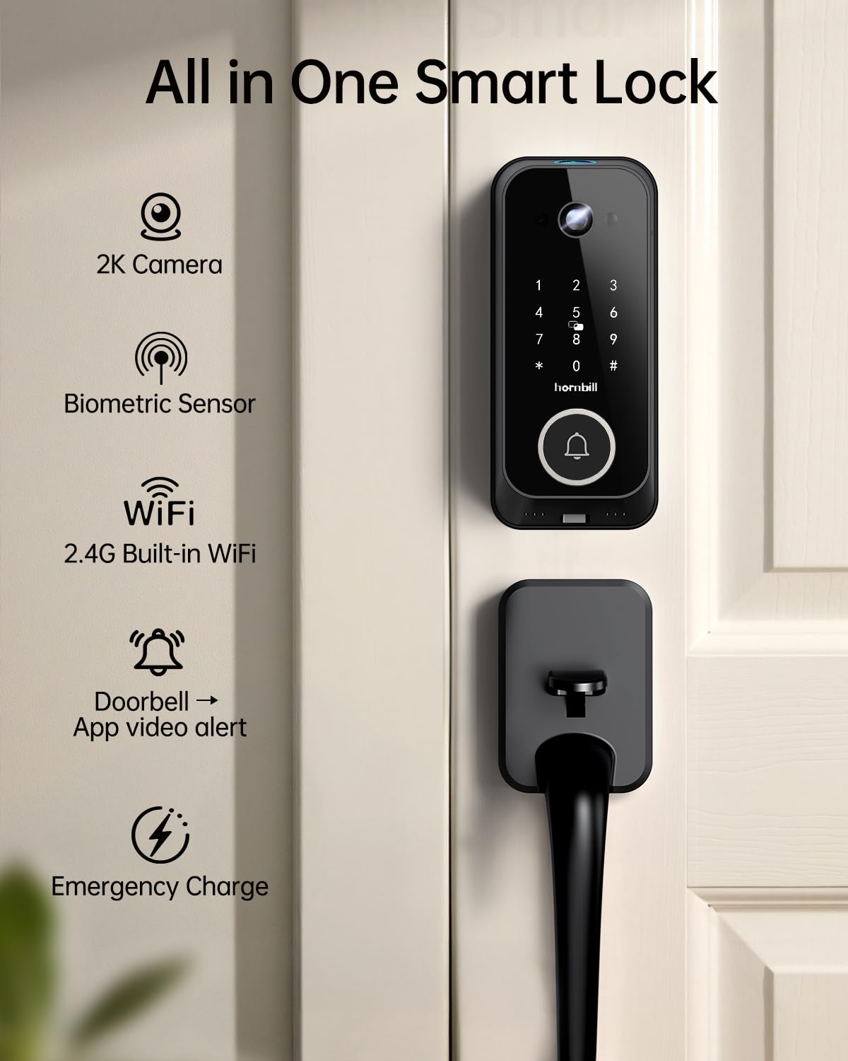 Hornbill Video Smart Lock with Camera: 10-in-1 Ring+2K Camera+Doorbell+Fingerprint Keyless Entry Door Lock, Built-in WiFi Deadbolt(only 2.4G), Two-Way Audio/App Remote Control/PIR, No Monthly Fee