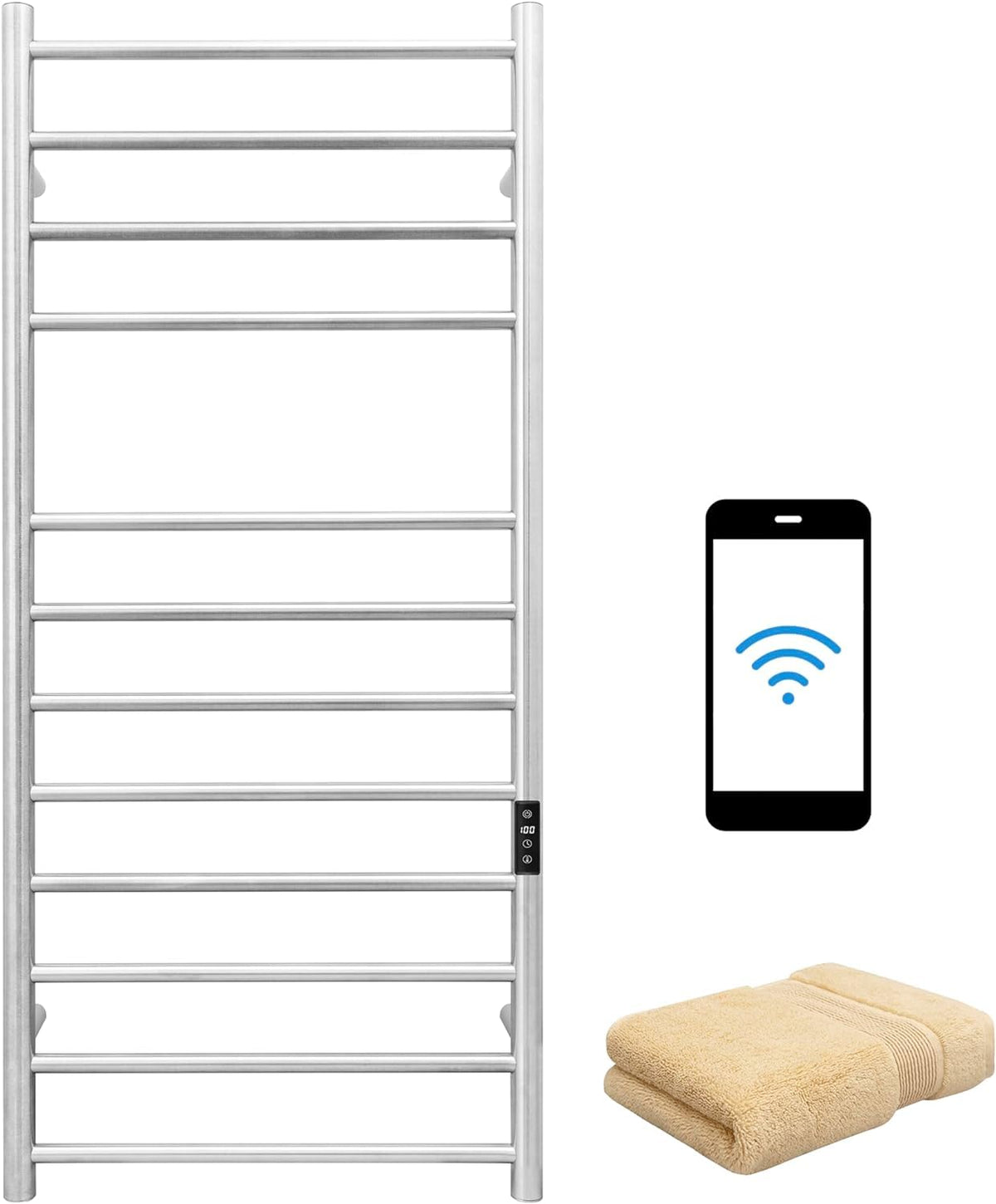 Smart WiFi Towel Warmer Wall Mounted with Built-in Timer and Temperature Adjust Control, 4 Bars Electric Stainless Steel Heated Towel Racks for Bathroom Matte Black