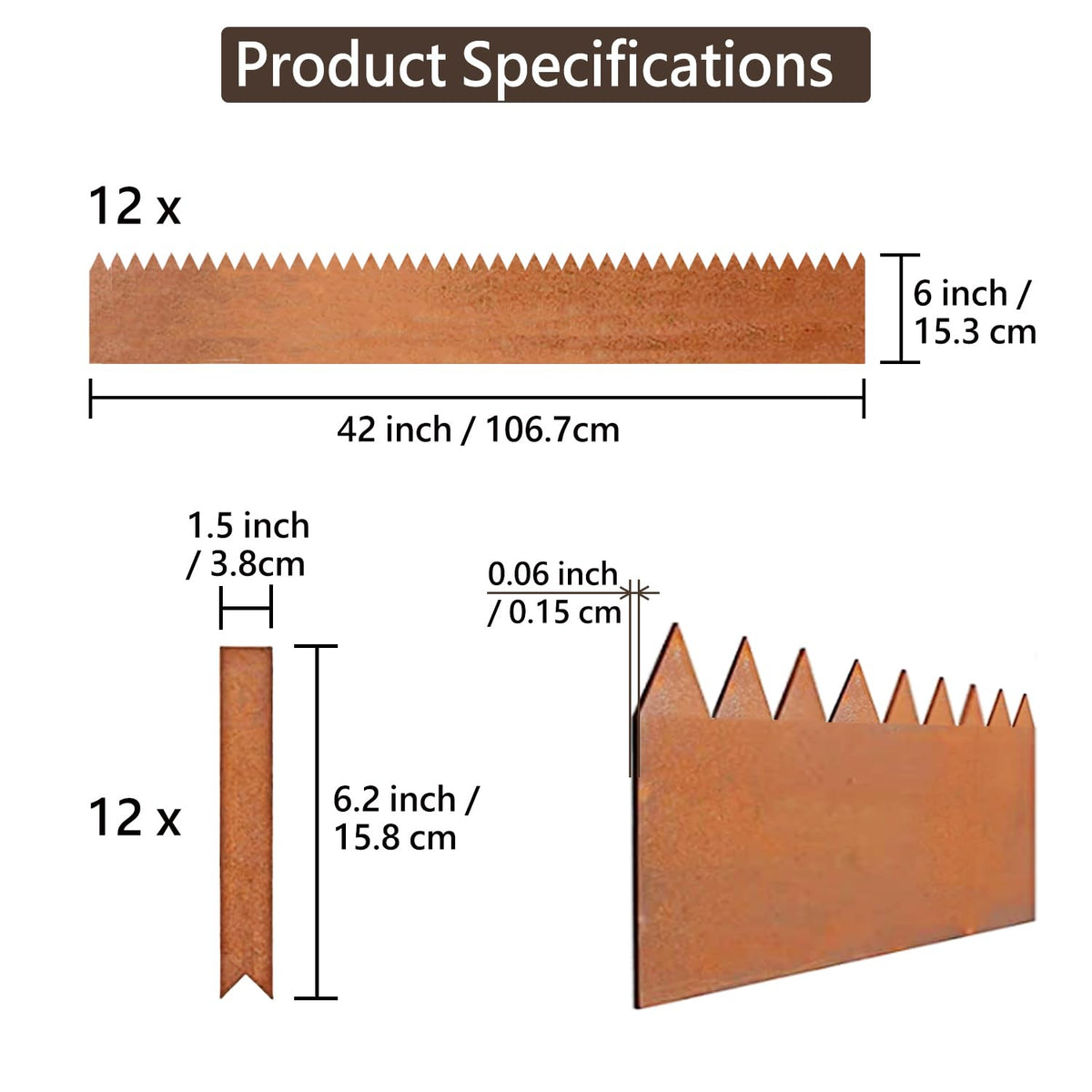 Cor-Ten Steel Landscape Edging, 42" Strips, 1.5mm, 6" Depth, 12 Pack