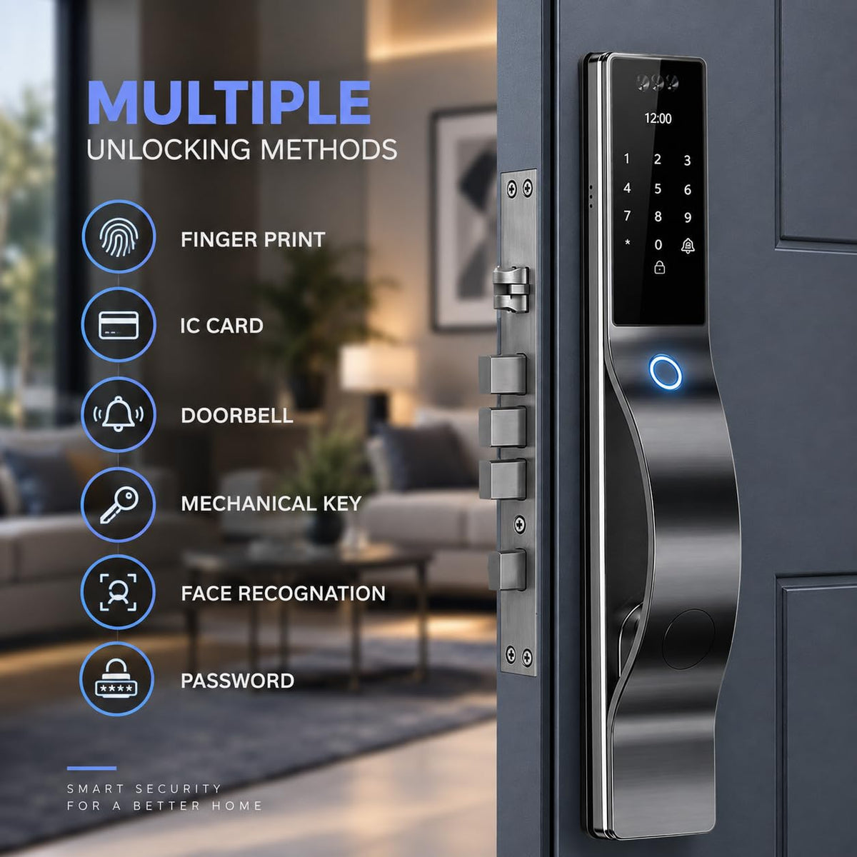 Smart Door Lock with Camera: 3D Face Recognition, Keyless Door Lock with Biometric Fingerprint, Passcode, IC Card, Mechanical Key, Doorbell, Video Intercom, WiShome App, Auto-Lock, Front Door Lock