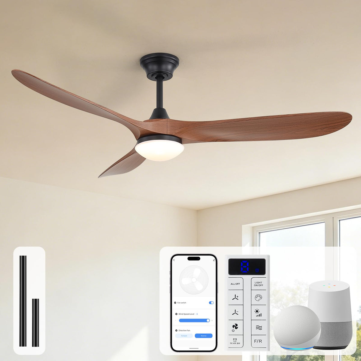Sofucor 48 Inch Smart Wood Ceiling Fans with Lights, Flush/Downrod Mount