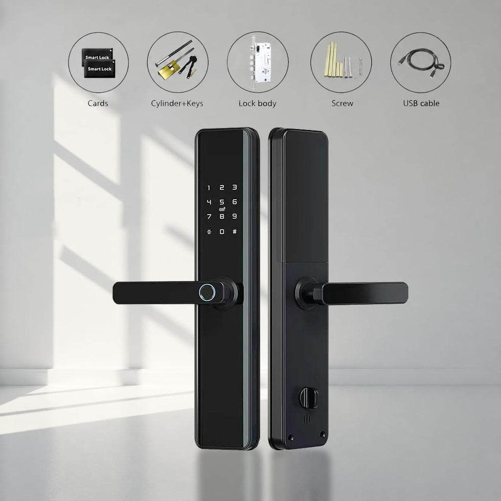 Smart Door Lock with Handle – Keyless Entry Deadbolt with Fingerprint, Touchscreen Keypad, Tuya App Control, Passcode & Key, Doorbell, Auto Lock Electronic Front Door Lock for Home Security, Black