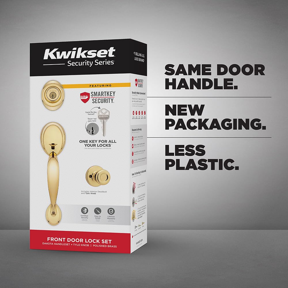 Kwikset Dakota Front Door Lock Handle and Deadbolt Set, Entry Handleset Exterior with Tylo Interior Door Knob, Polished Brass, Pick Resistant SmartKey Rekey Deadbolt Security