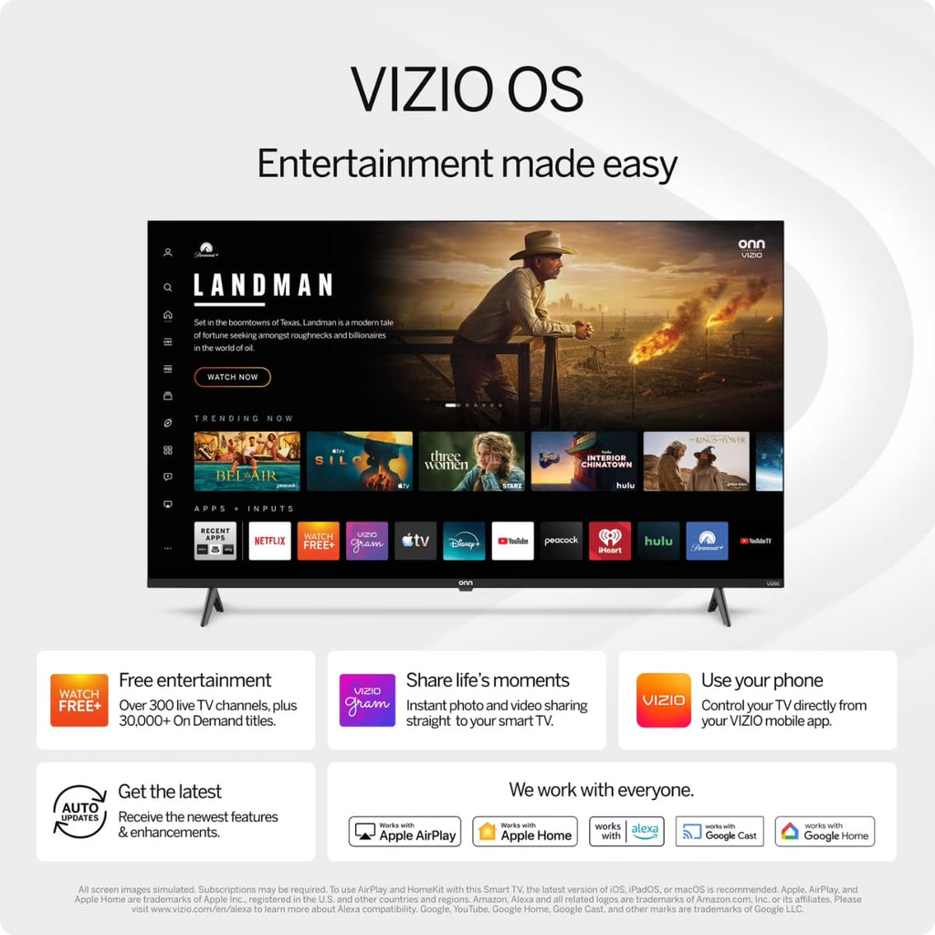 ONN Smart TV 32" Powered by VIZIO Technology Class 720p HD, Works with Apple Home, Amazon Alexa, and Google Home, DTS:X and DTS: Virtual X, 60Hz Refresh Rate, Bluetooth Capable - 32S2V1 (Renewed)