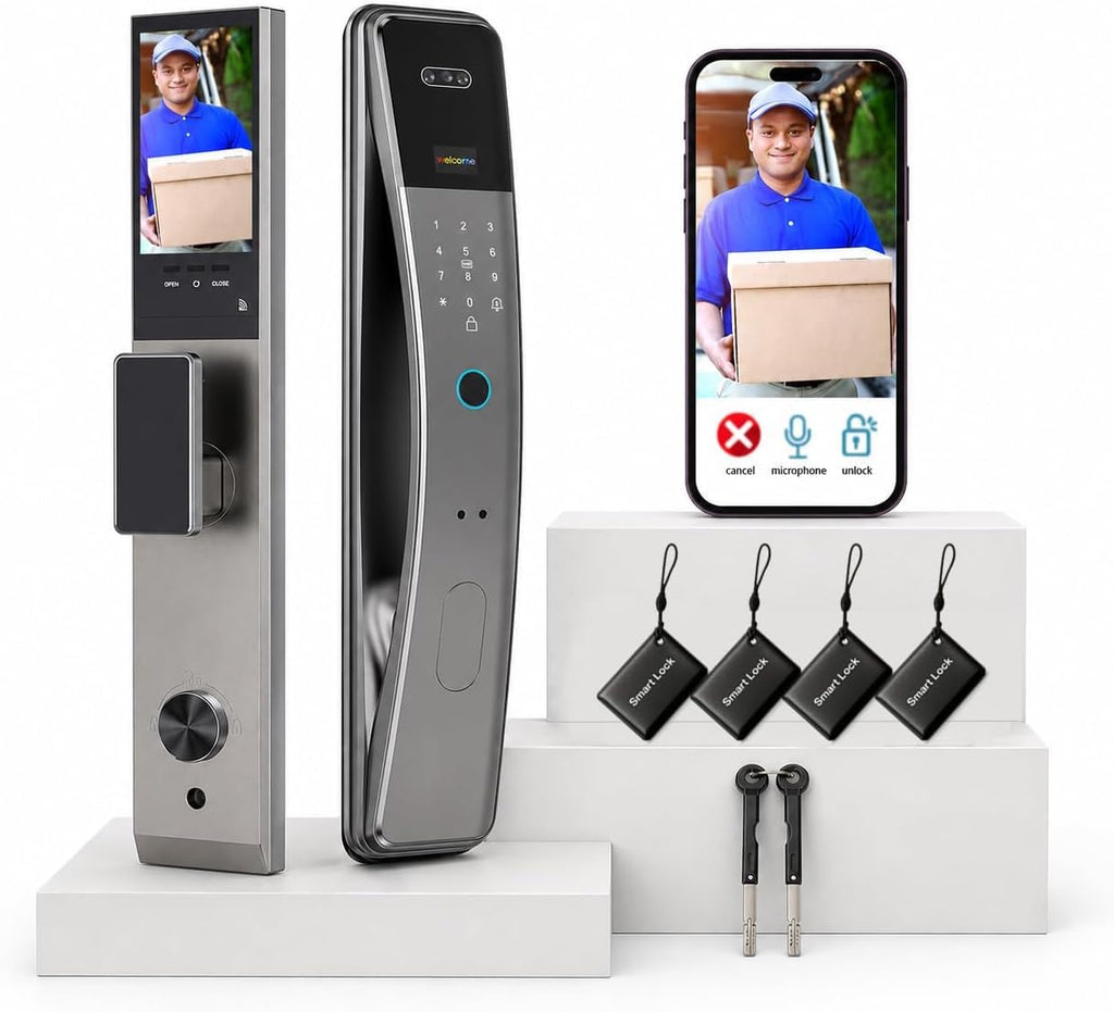 Smart Lock with Face Recognition: Biometric Palm Vine & Fingerprint, Video Intercom, Wishome APP Control, Keyless Entry Door Lock with HD Camera Display, Anti-Theft Alarm (Silver)