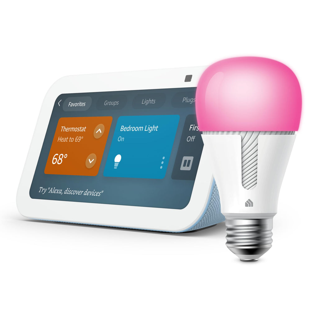 Echo Show 5 (3rd Gen, 2023 release) in Cloud Blue bundle with TP-Link Kasa Smart Color Bulb