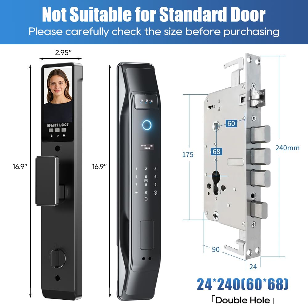 3D Face Recognition Smart Lock with Camera, Palm Vein Door Lock, Keyless Entry Fingerprint Smart Mortise Lock for Front Door, 4" HD Screen,Auto-Lock,Compatible with Tuya App, Front Door Security