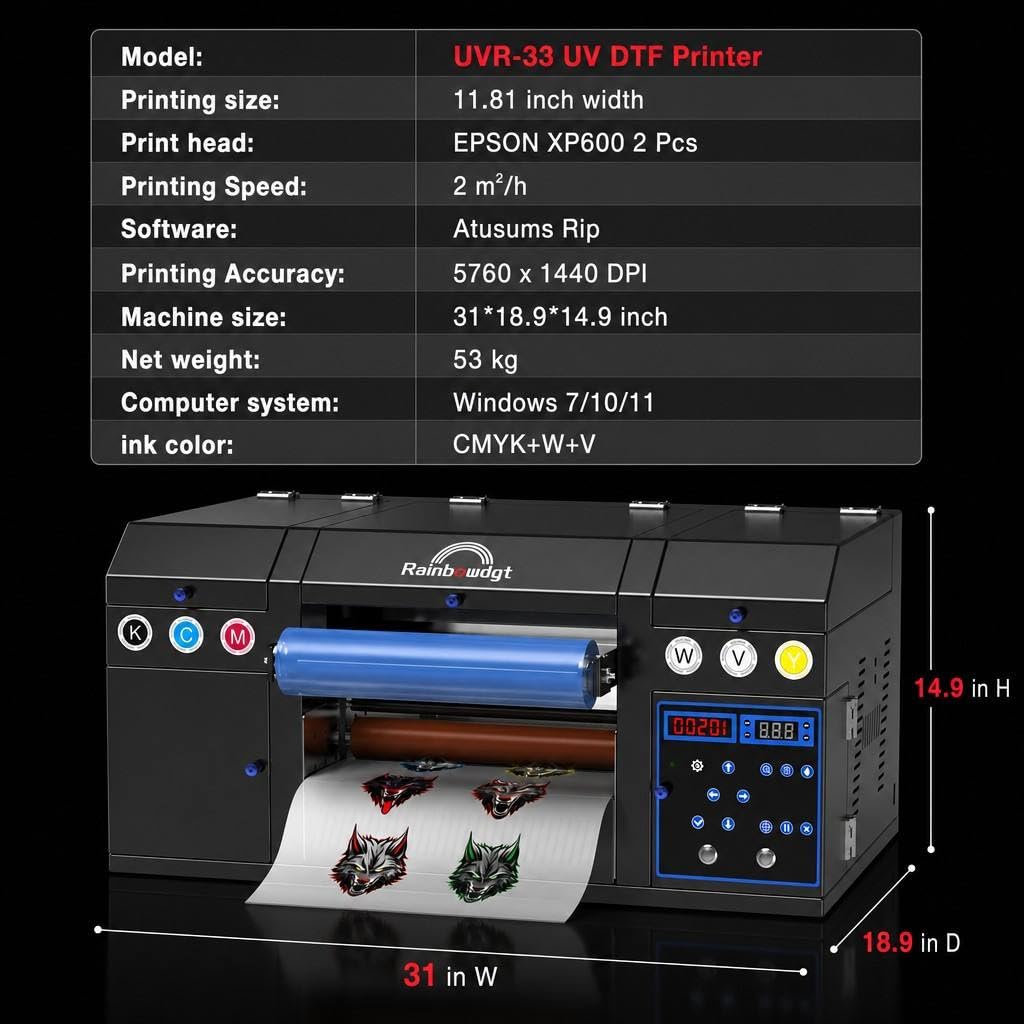 RAINBOWDGT A3 UV DTF Sticker Printer (with laminator), Dual XP600 printheads, Automatic Cleaning and White Ink Mixing System, Versatile for Glass, Metal, Wood, Mugs, Phone Cases, and More.