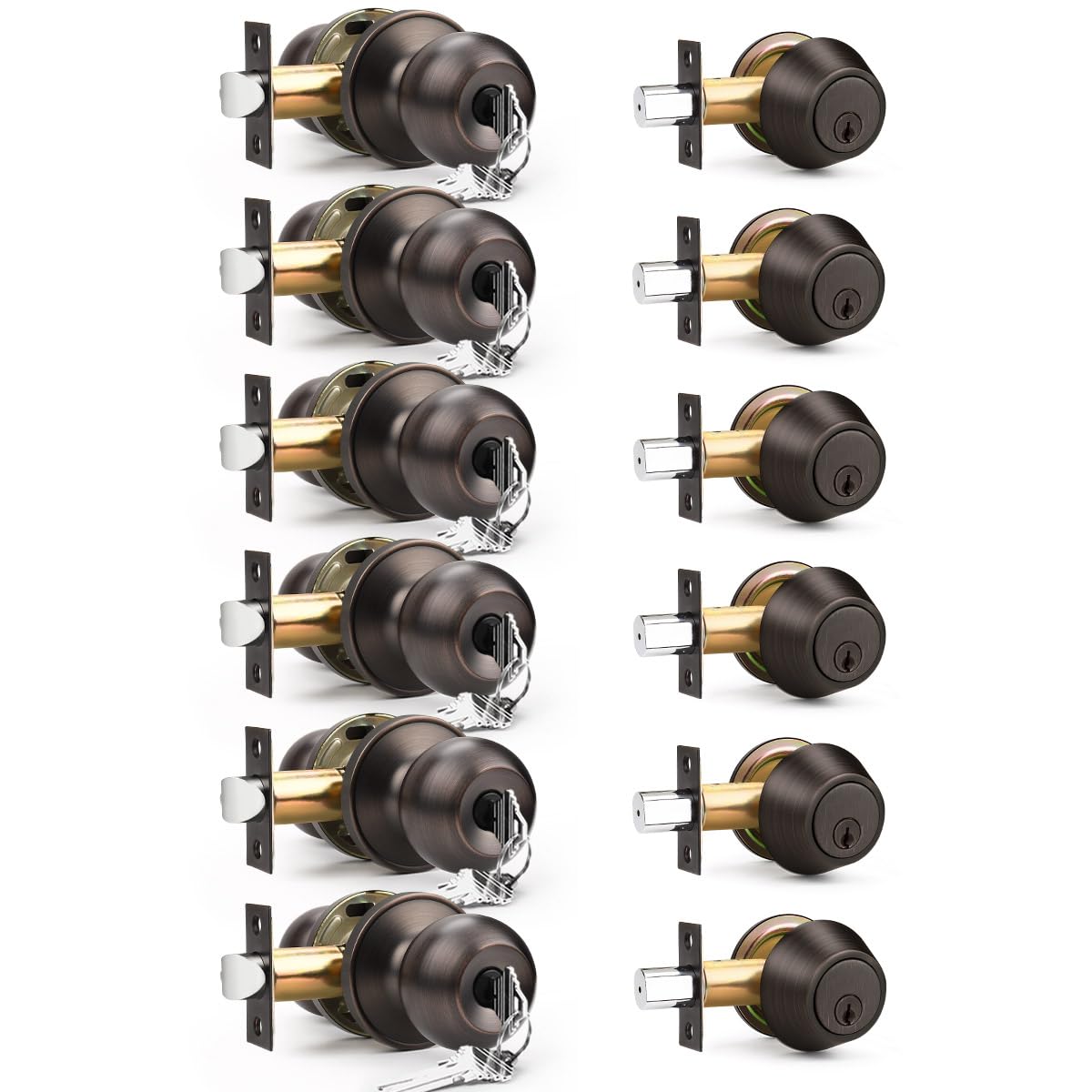 6 Pack Entry Door Locksets with Single Cylinder Deadbolt, Oil Rubbed Bronze Exterior Door Lock Set with Same Key, Front Roound Door Knob and Deadbolt Set