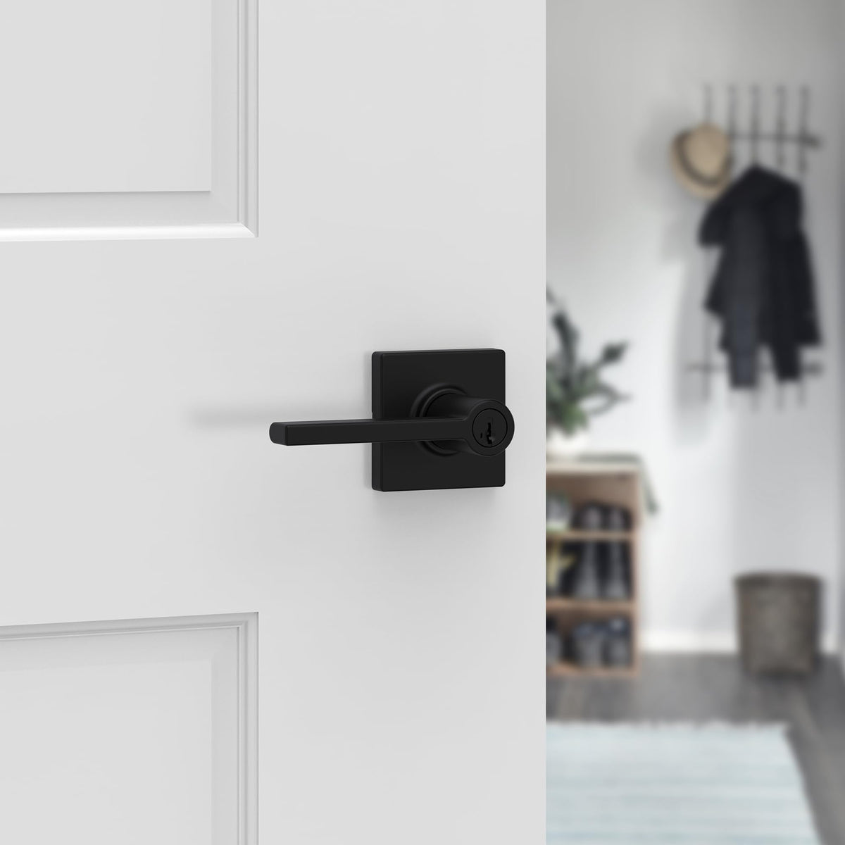 Kwikset Casey Entry Door Handle with Lock and Key, Secure Keyed Reversible Lever Exterior, for Front Entrance and Bedrooms, Matte Black, 4 Pack, Pick Resistant SmartKey Rekey Security and Microban