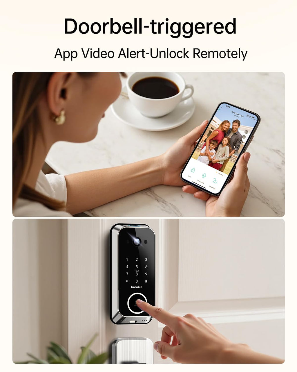 Smart Front Door Lock Sets: 2K HD Camera Lock with Doorbell Kits, Hornbill Fingerprint Keyless Entry Door Lock with Handles, WiFi Deadbolt (only 2.4G) for Remote Control, Auto Lock,Satin Nickel