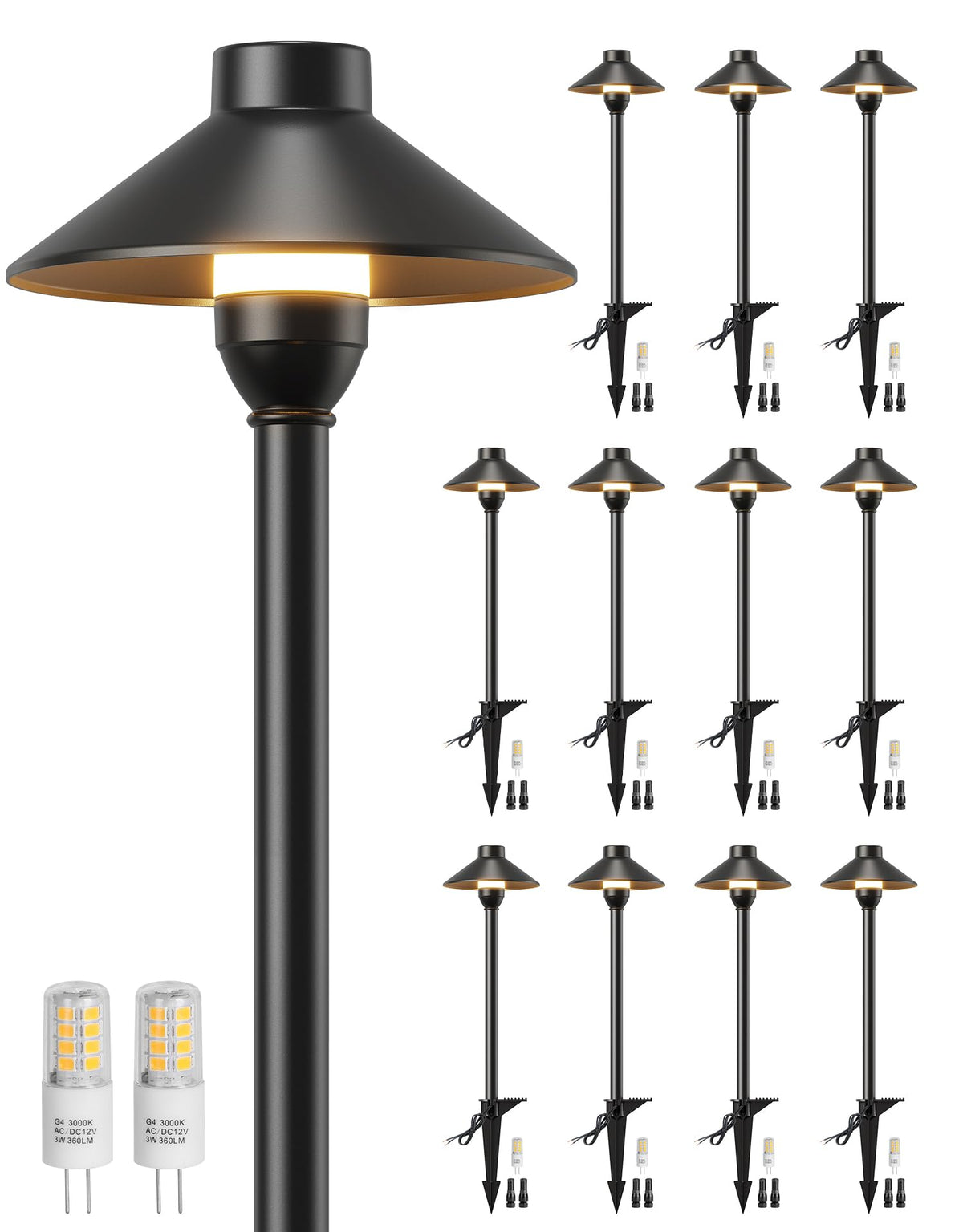 Low Voltage Landscape Lighting 12-Pack, Aluminum 12V Pathway Lights with G4 Bulbs, Waterproof Oil Rubbed Bronze Color Wired Path Lights with Connectors for Walkway Yard Garden