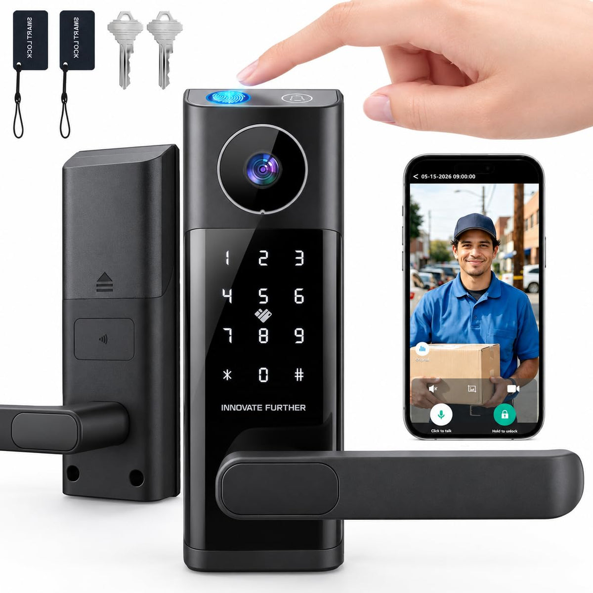 Smart Door Lock with Camera & Video Doorbell, Fingerprint Keypad, App Remote Control, 2.4GHz WiFi, IC Card, Auto Lock, Keyless Entry Deadbolt Lock with Handle for Front Door