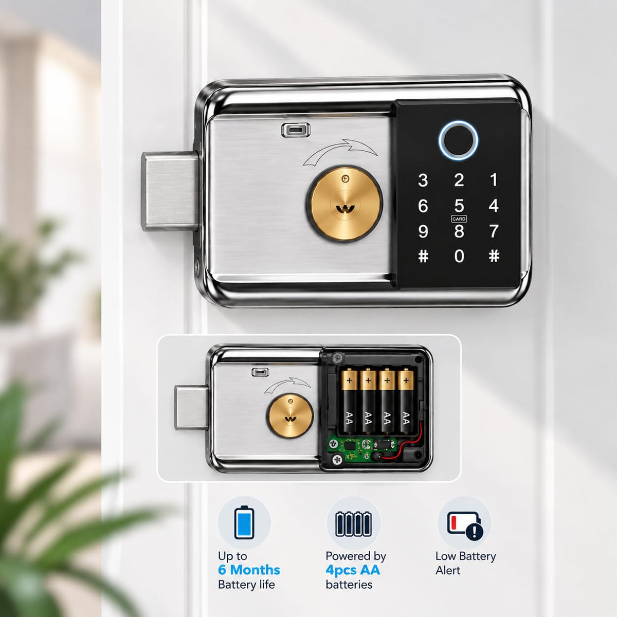 smart latch double gate lock, electronic gate latch for outdoor fence, waterproof keyless smart rim lock, electric double sided keypad locks, Fingerprint, Passcode, Key, IC Card, Tuya App