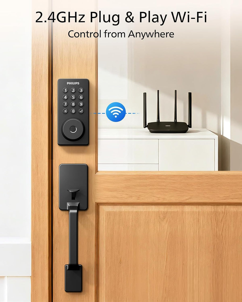 Philips Upgraded Wi-Fi Smart Front Door Lock Set, Fingerprint Keyless Entry Deadbolt, Keypad Lock with Handle, App Remote Control, IP53 Waterproof, Auto Lock, Anti-Peeping Password, Easy Install