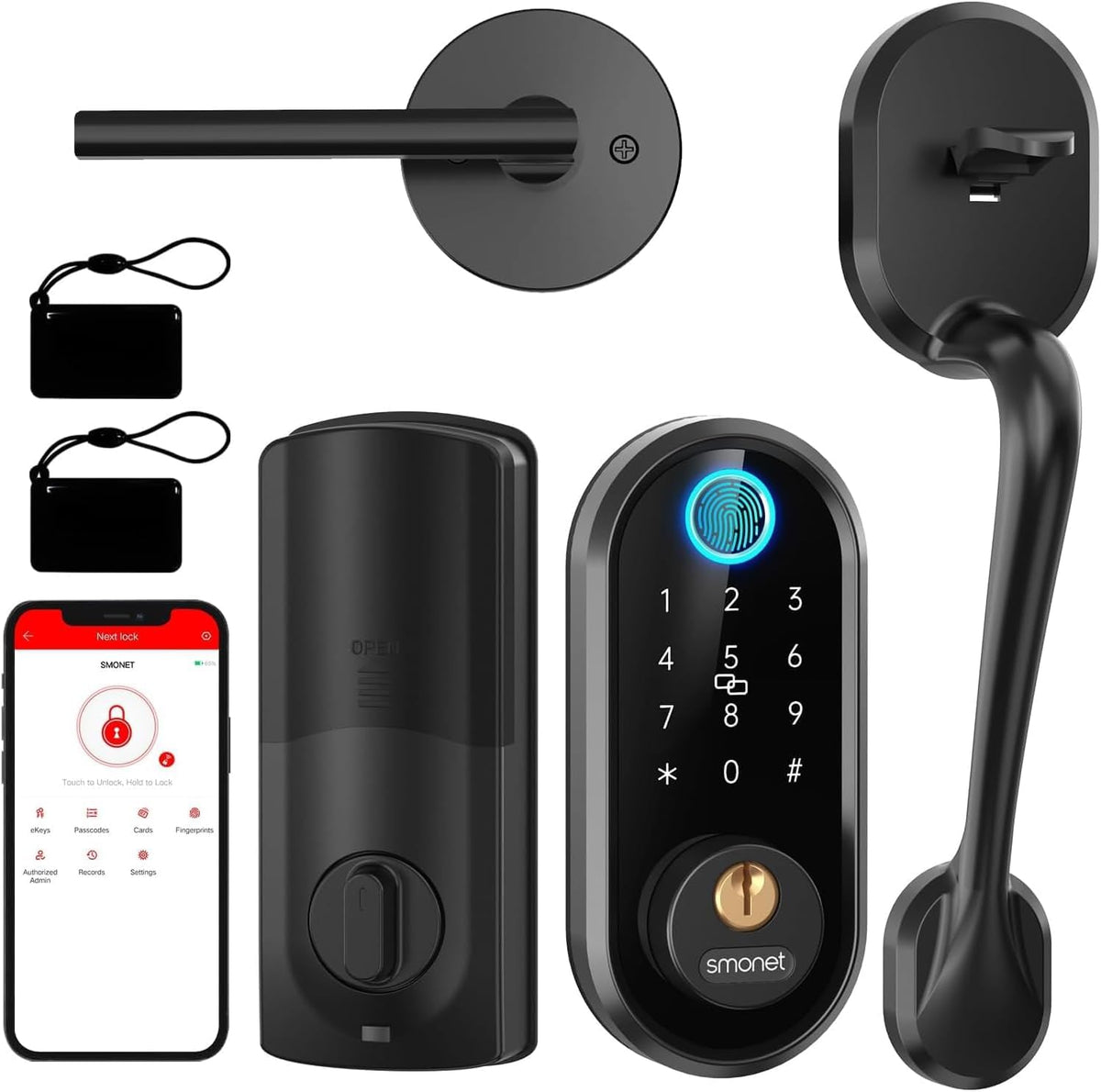 SMONET Keyless Entry Door Lock with Handle, Smart Front Door Lock Set, Fingerprint Keypad Deadbolt Lock, Bluetooth App Control, Key Fobs, Auto Lock, Compatible with Alexa for Home