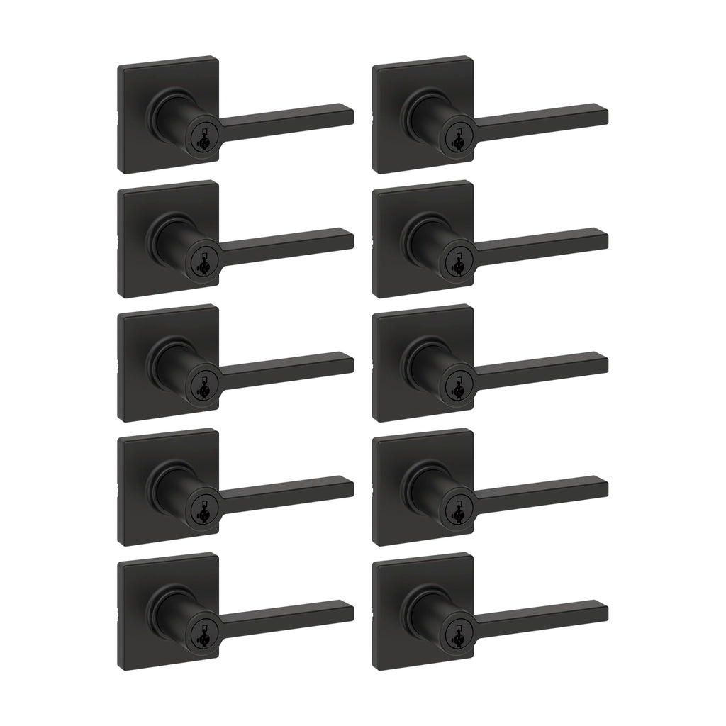 Kwikset Casey Entry Door Handle with Lock and Key, Secure Keyed Reversible Lever Exterior, for Front Entrance and Bedrooms, Matte Black, 4 Pack, Pick Resistant SmartKey Rekey Security and Microban
