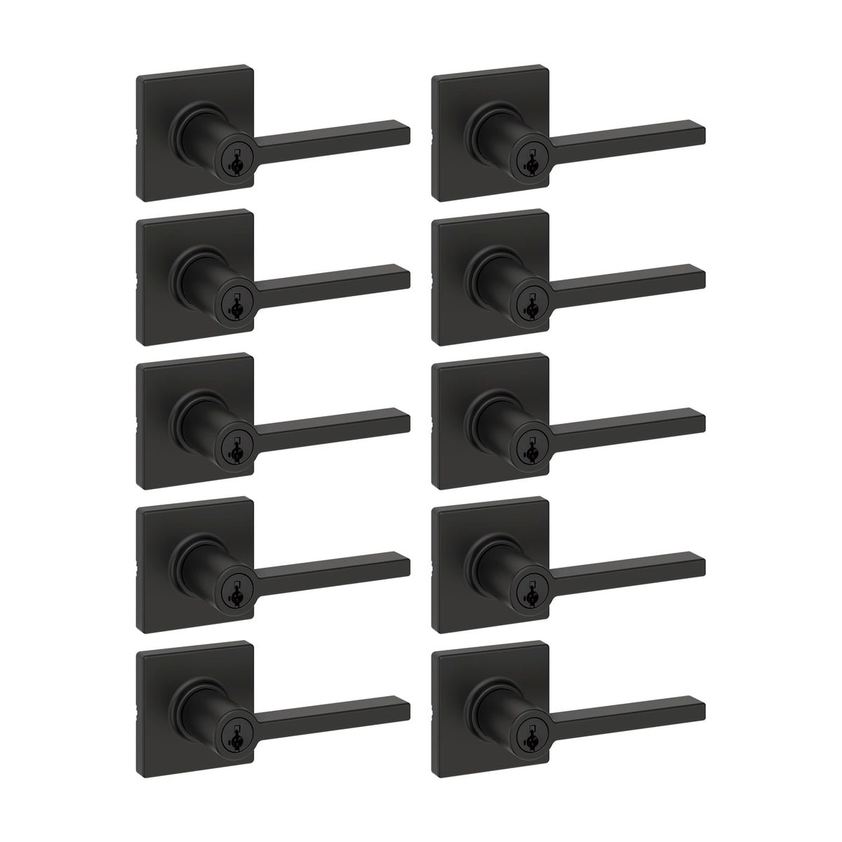 Kwikset Casey Entry Door Handle with Lock and Key, Secure Keyed Reversible Lever Exterior, for Front Entrance and Bedrooms, Matte Black, 4 Pack, Pick Resistant SmartKey Rekey Security and Microban