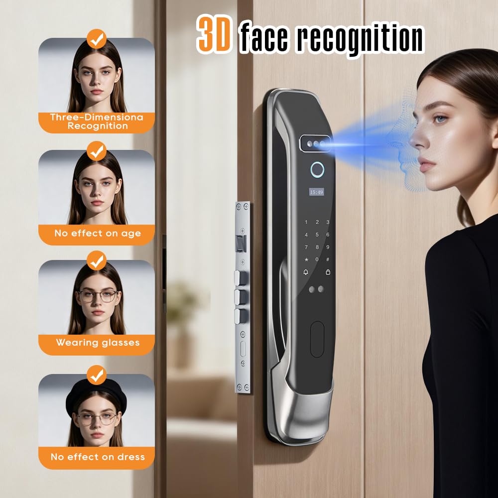 3D Face Recognition Smart Door Lock with Camera & Doorbell, Keyless Biometric Fingerprint, Face, Passcode, IC Card, Mechanical Key, Mortise Lock Body, AutoLock, Front Door, Home Security