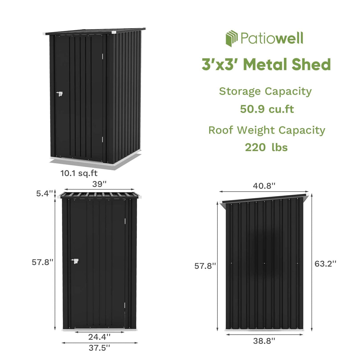 Patiowell 3x3 FT Outdoor Storage Shed, Metal Sheds, Black