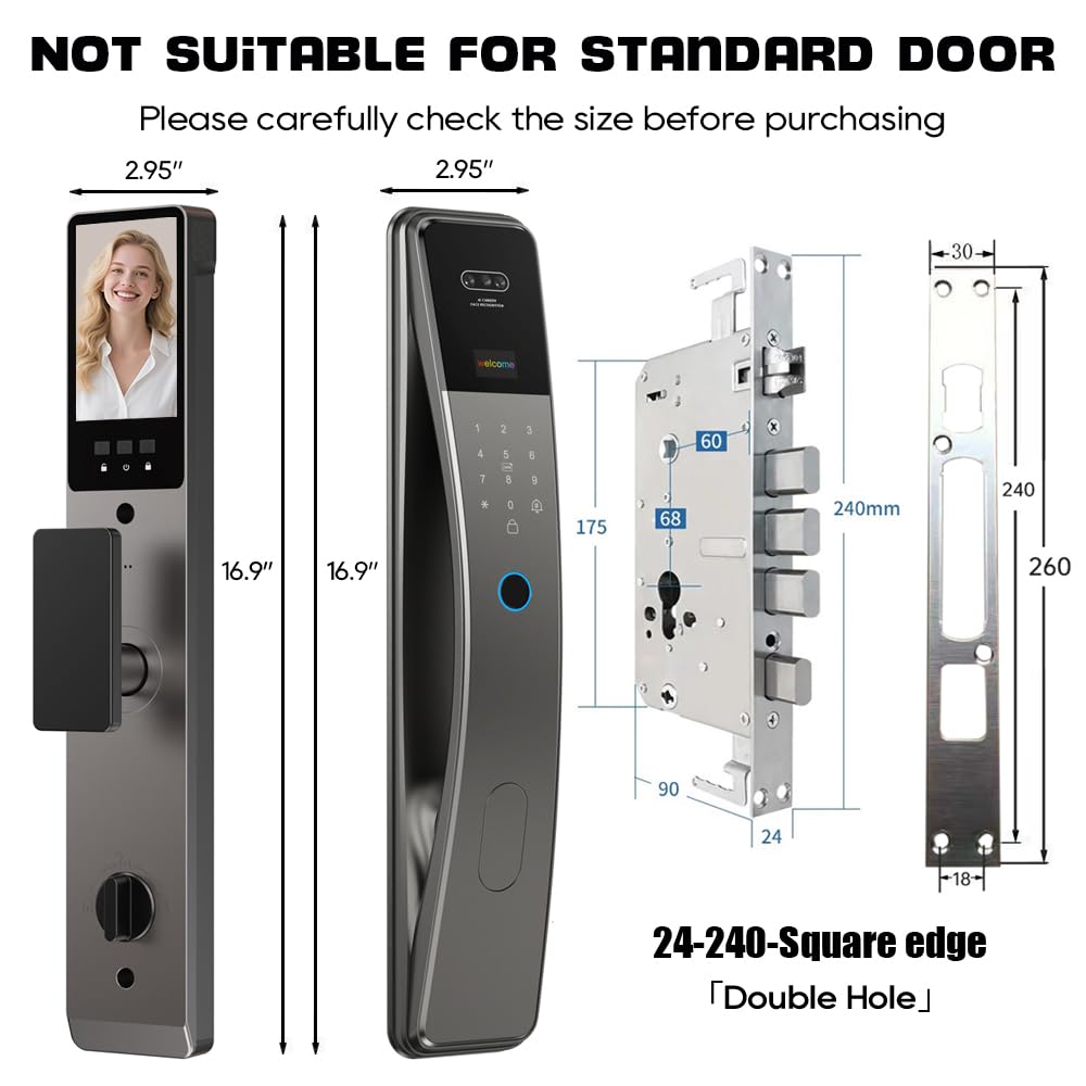 3D Face Recognition Smart Door Lock with Camera & Doorbell, Keyless Biometric Fingerprint, Face, Passcode, IC Card, Mechanical Key, AutoLock, Compatible with Tuya App,Smart Home Front Door Security