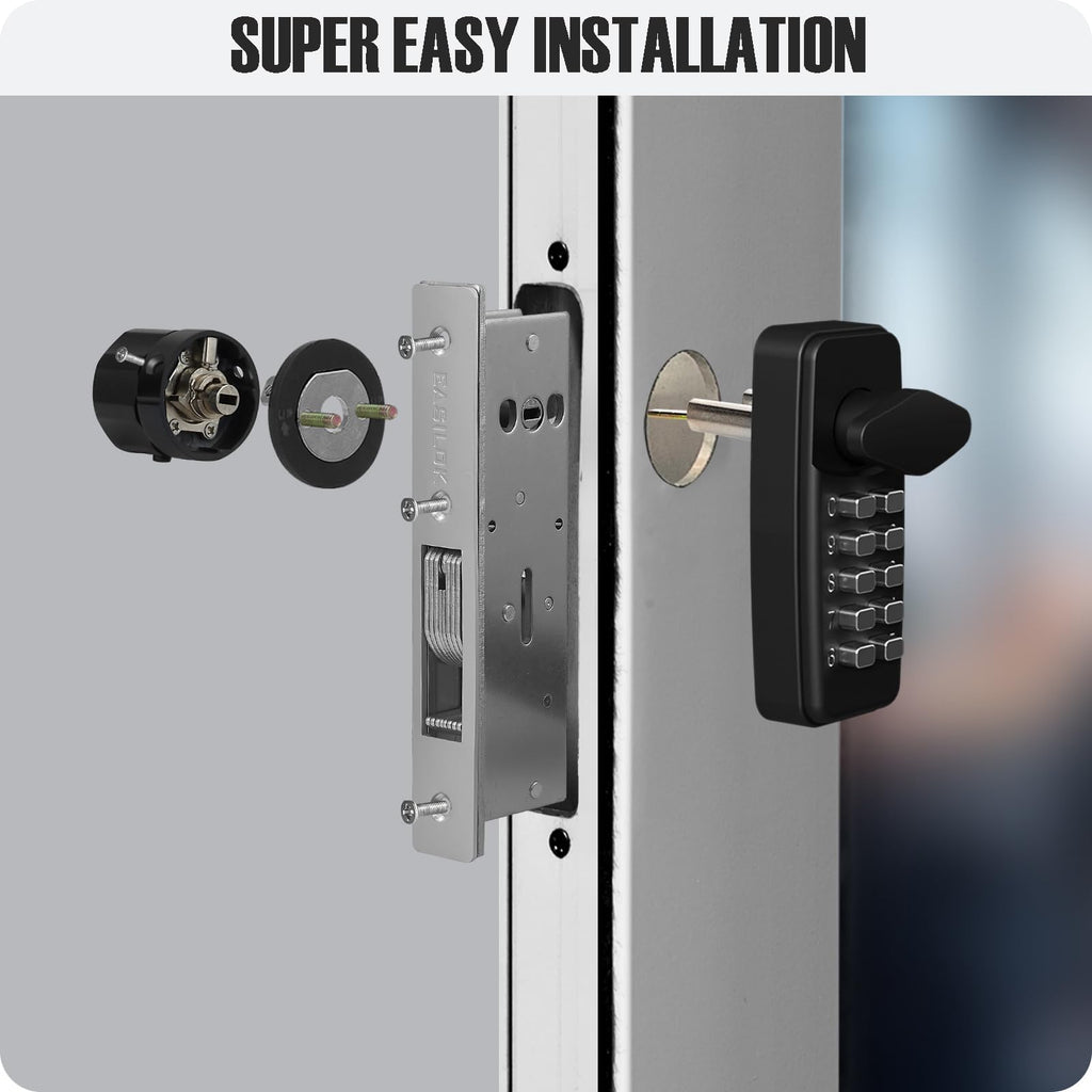 EASILOK Keyless Mechanical Storefront Lock, DIY No-Drill Commercial Mortise Replacement, Fits 1-1/8" Backset, Black, Hook Bolt
