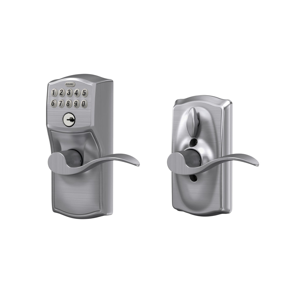 Schlage Electronic Keypad Lock, Lever Handle, Camelot Trim, Satin Chrome