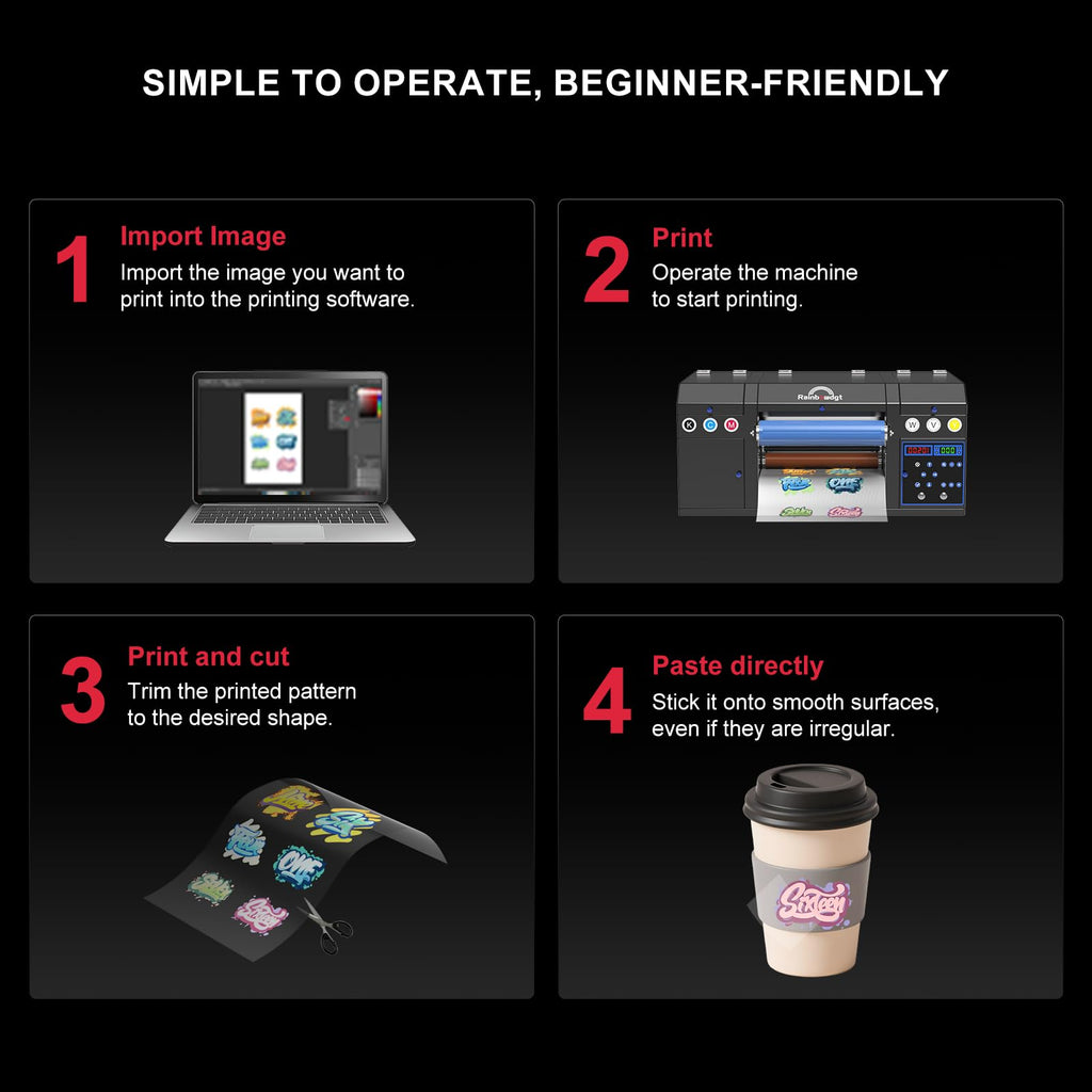 RAINBOWDGT A3 UV DTF Sticker Printer (with laminator), Dual XP600 printheads, Automatic Cleaning and White Ink Mixing System, Versatile for Glass, Metal, Wood, Mugs, Phone Cases, and More.