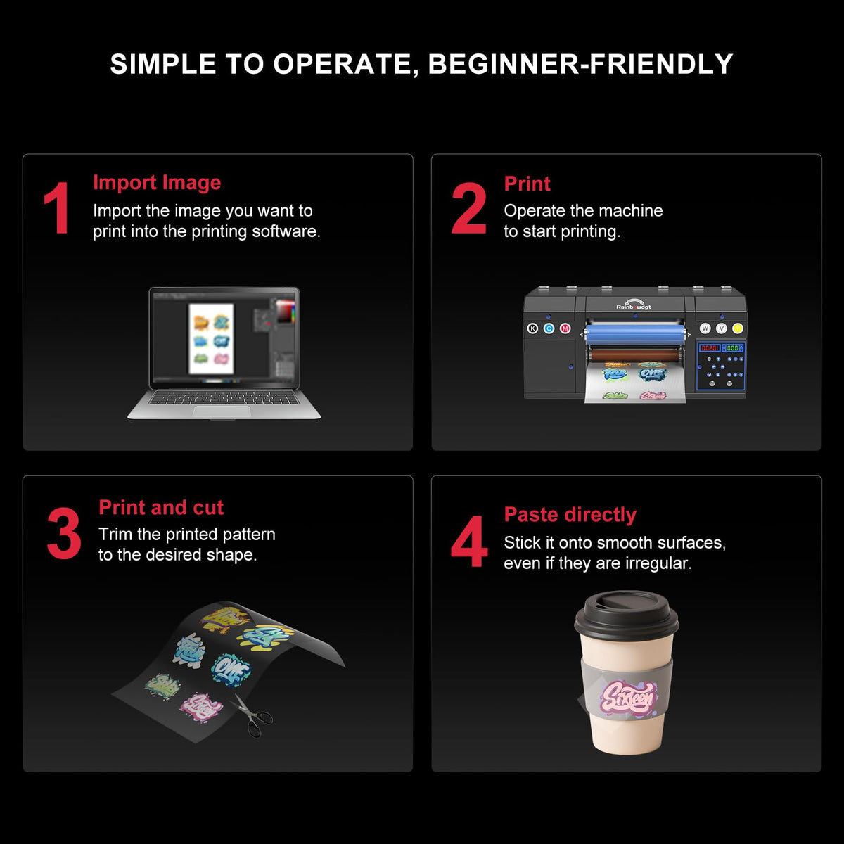 RAINBOWDGT A3 UV DTF Sticker Printer (with laminator), Dual XP600 printheads, Automatic Cleaning and White Ink Mixing System, Versatile for Glass, Metal, Wood, Mugs, Phone Cases, and More.