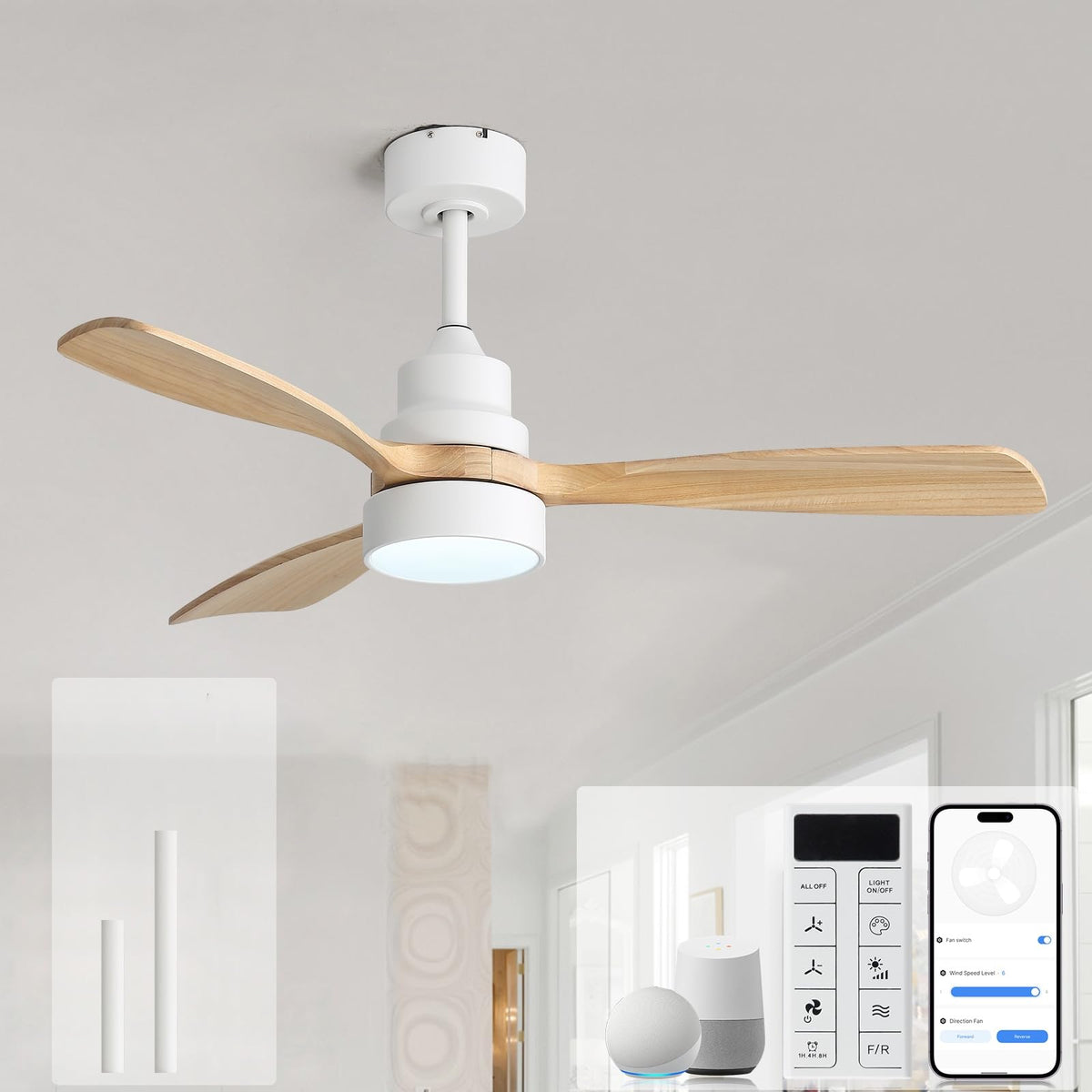 Sofucor 48 Inch Smart Wood Ceiling Fans with Lights, Flush/Downrod Mount