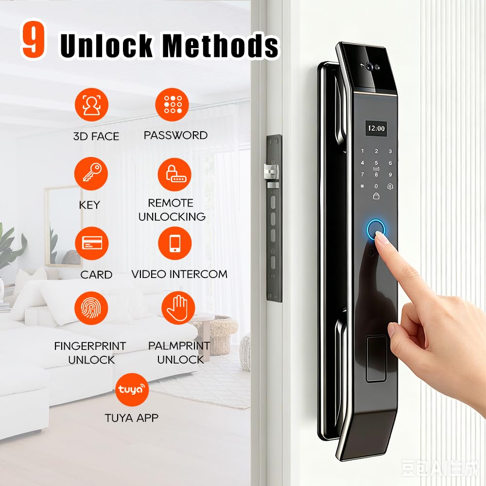 Smart Door Lock with 3D Face Recognition & Camera, Intercome, Doorbell, Fingerprint Keyless Entry, Password, IC Card, Key, Compatible with Tuya App Control, Smart Home Front Door Security
