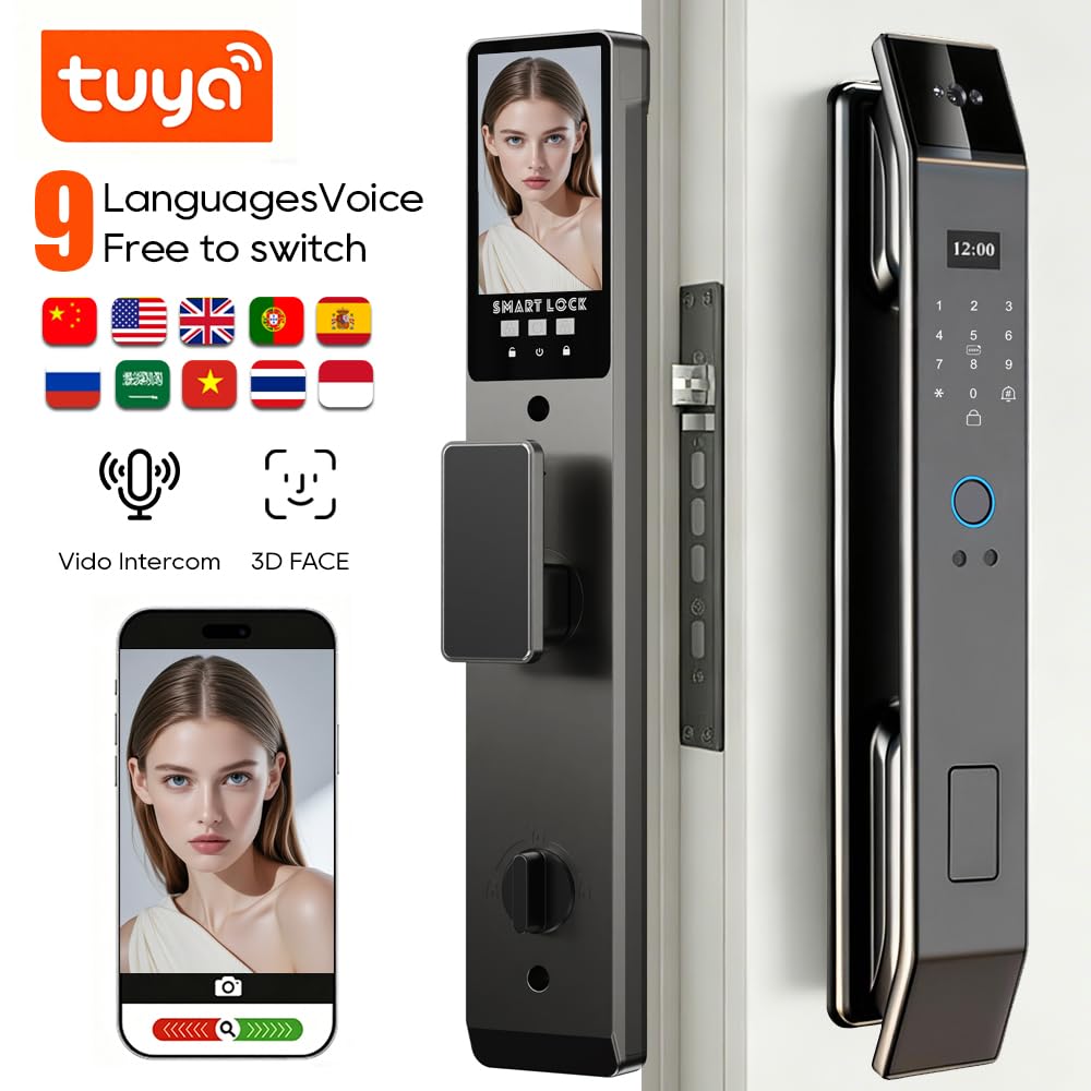 Smart Door Lock with 3D Face Recognition & Camera, Intercome, Doorbell, Fingerprint Keyless Entry, Password, IC Card, Key, Compatible with Tuya App Control, Smart Home Front Door Security