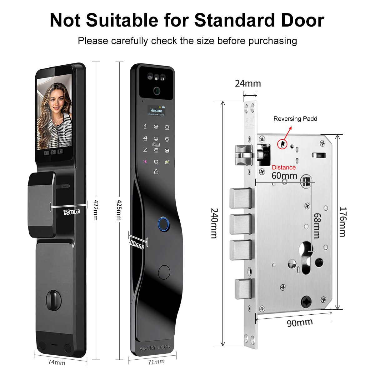 Smart Lock with Camera, 3D Facial Recognition, Palm Vein Recognition, 8-in-1 Keyless Entry, Hd Video Display, Fingerprint, Ic Card, Tuya App, Wi-Fi, Auto-Lock, Voice Control
