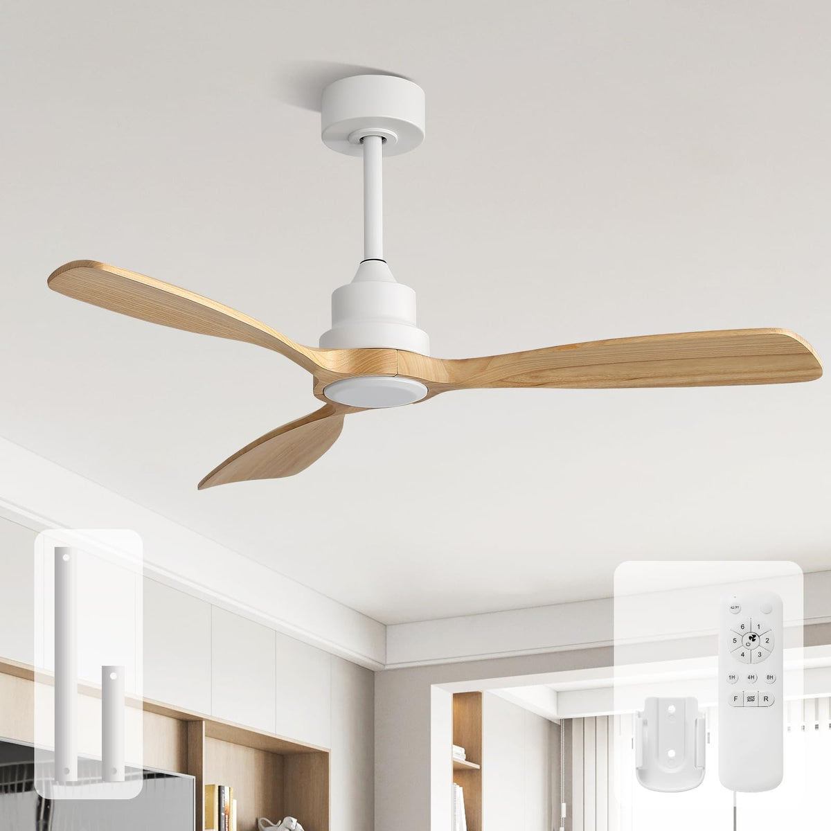 Sofucor 48 Inch Smart Wood Ceiling Fans with Lights, Flush/Downrod Mount