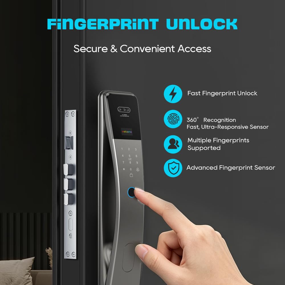 3D Face Recognition Smart Door Lock with Camera & Doorbell, Keyless Biometric Fingerprint, Face, Passcode, IC Card, Mechanical Key, AutoLock, Compatible with Tuya App,Smart Home Front Door Security
