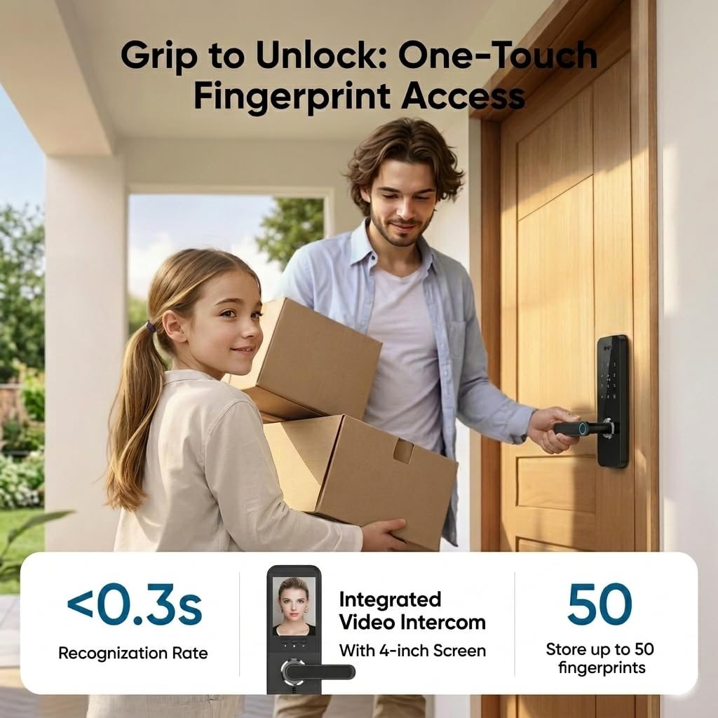 3D Face Recognition Smart Door Lock with HD Camera: Keyless Entry, Fingerprint, Passcode, IC Card, Key, Tuya App, Doorbell, Auto-Lock Deadbolt for Front Door, DIY Installation