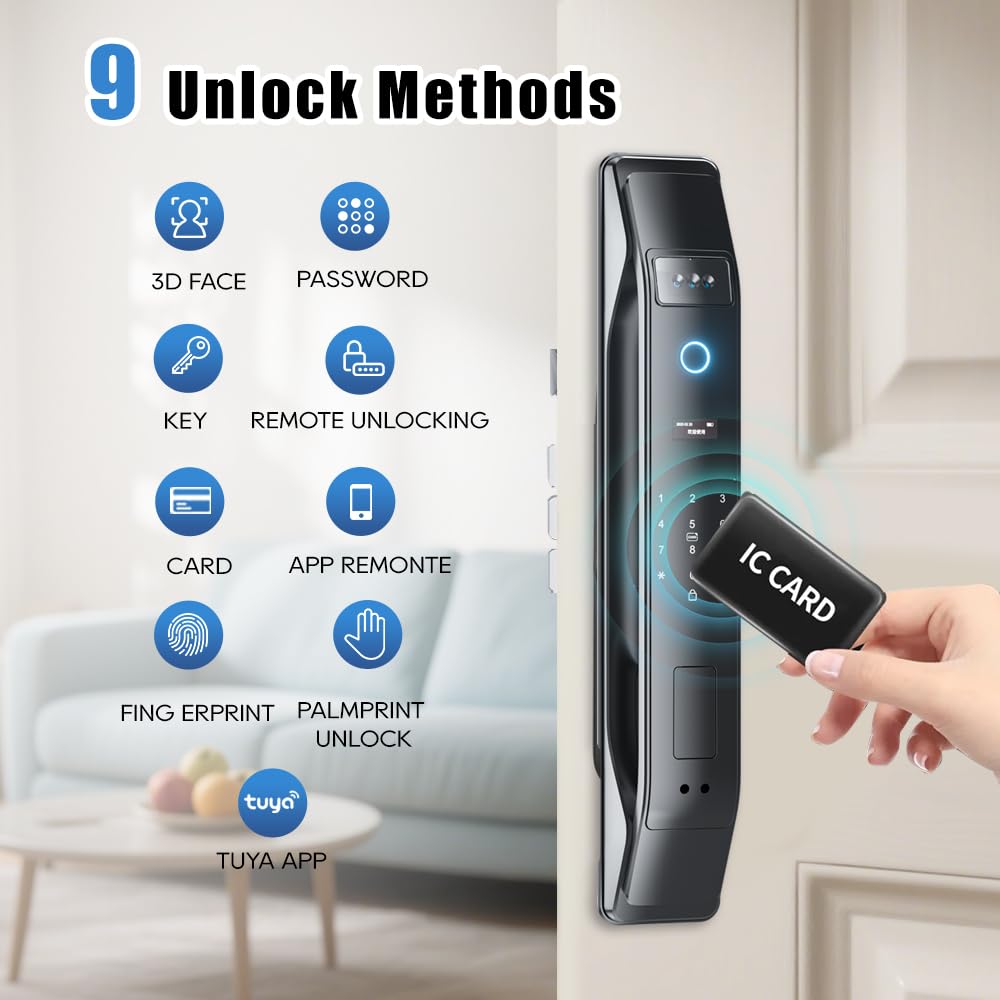 3D Face Recognition Smart Lock with Camera, Palm Vein Door Lock, Keyless Entry Fingerprint Smart Mortise Lock for Front Door, 4" HD Screen,Auto-Lock,Compatible with Tuya App, Front Door Security