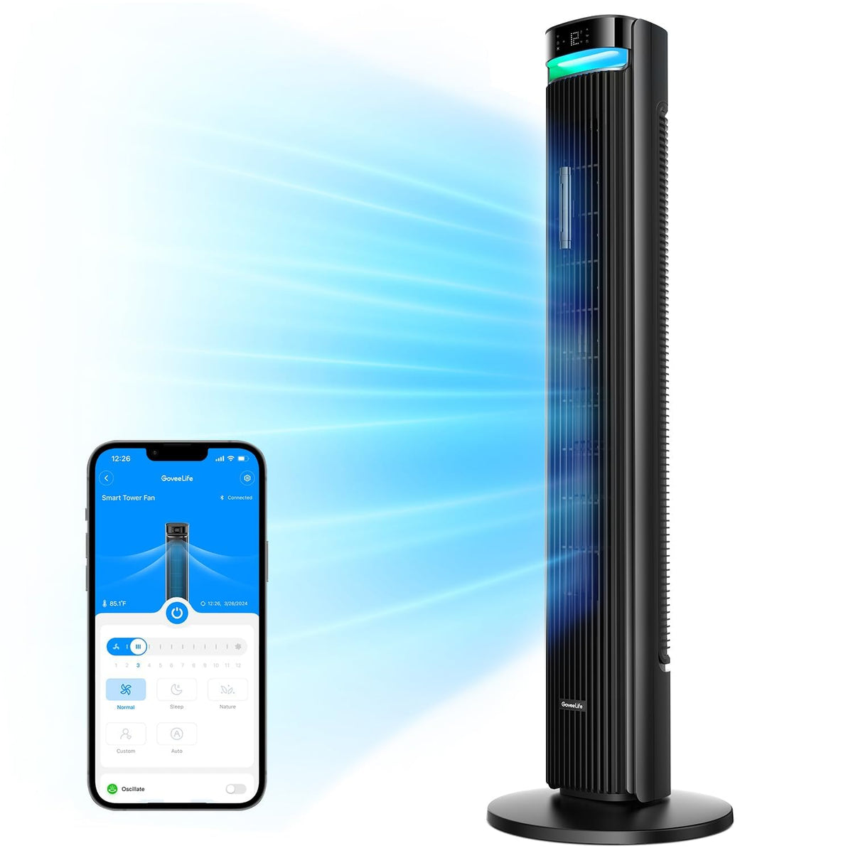 GoveeLife 42 in. Tower Fan, 150 Deg Oscillation, 5 Modes 12 Speeds, Silver