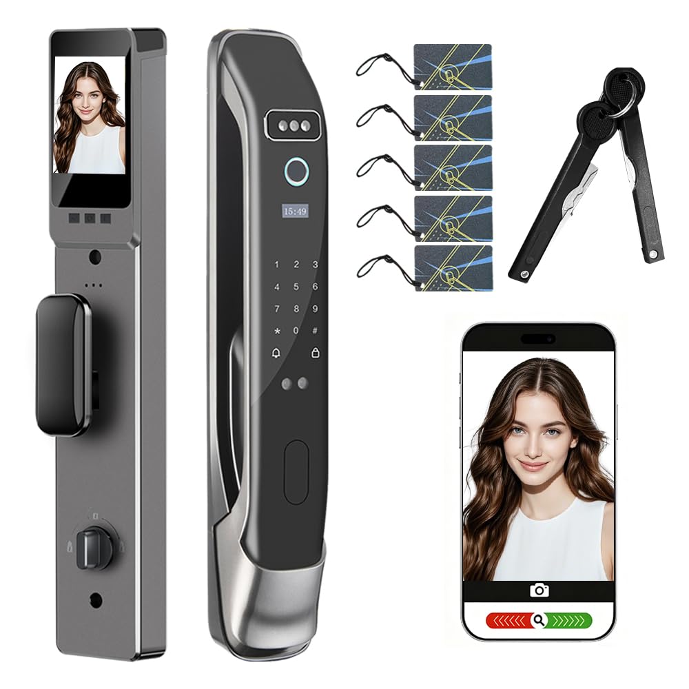 3D Face Recognition Smart Door Lock with Camera & Doorbell, Keyless Biometric Fingerprint, Face, Passcode, IC Card, Mechanical Key, Mortise Lock Body, AutoLock, Front Door, Home Security
