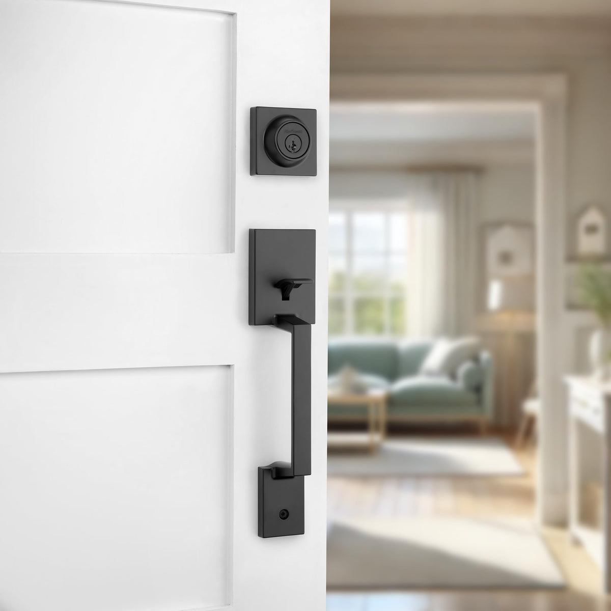 Kwikset Amador Front Door Lock Handle and Deadbolt Set, Entry Handleset Exterior with Casey Reversible Lever, Matte Black, Pick Resistant SmartKey Rekey Deadbolt Security, with Microban Protection