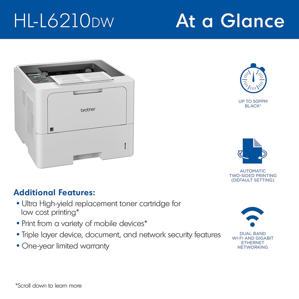 Brother Laser Printer, Monochrome Duplex Wireless Printer, HL-6210DW